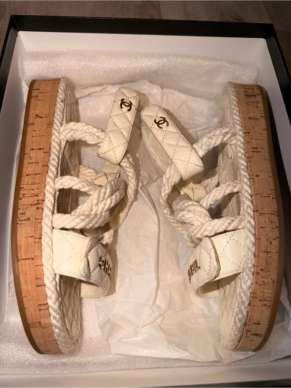 CHANEL Ivory Quilted Rope Platform Espadrille Sandals